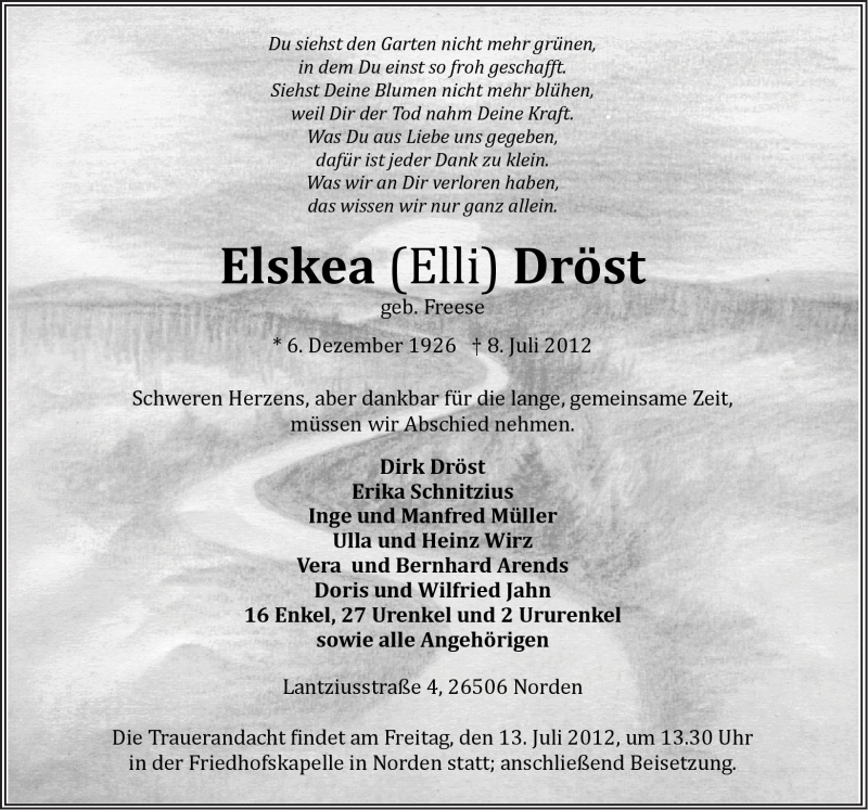  Traueranzeige für Elskea Dröst vom 10.07.2012 aus Ostfriesischer Kurier