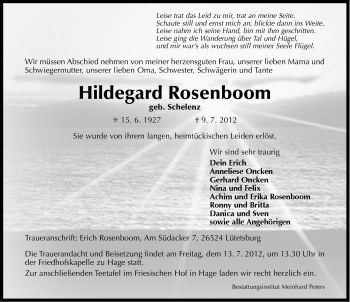 Traueranzeige von Hildegard Rosenboom von Ostfriesischer Kurier