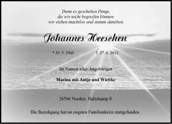 Traueranzeige von Johannes Heeschen von Ostfriesischer Kurier