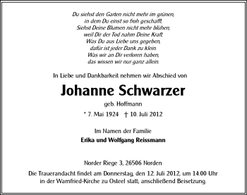 Traueranzeige von Johanne Schwarzer von Ostfriesischer Kurier