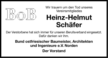 Traueranzeige von Heinz-Helmut Schäfer von Ostfriesischer Kurier