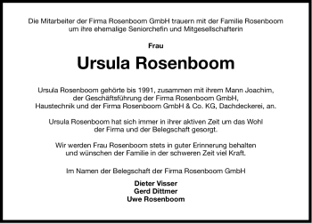 Traueranzeige von Ursula Rosenboom von Ostfriesischer Kurier