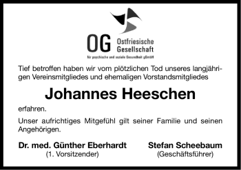 Traueranzeige von Johannes Heeschen von Ostfriesischer Kurier