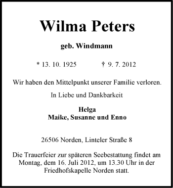 Traueranzeige von Wilma Peters von Ostfriesischer Kurier