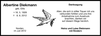 Traueranzeige von Albertine Diekmann von Ostfriesischer Kurier