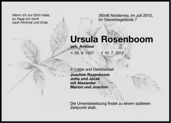 Traueranzeige von Ursula Rosenboom von Ostfriesischer Kurier
