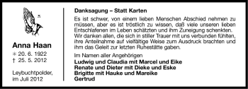 Traueranzeige von Anna Haan von Ostfriesischer Kurier