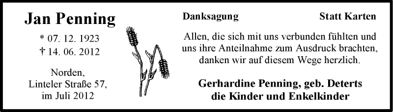  Traueranzeige für Jan Penning vom 14.07.2012 aus Ostfriesischer Kurier