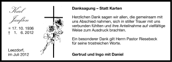 Traueranzeige von Karl Janß?en von Ostfriesischer Kurier
