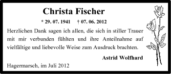 Traueranzeige von Christa Fischer von Ostfriesischer Kurier