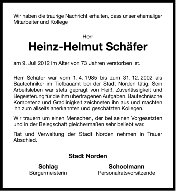 Traueranzeige von Heinz-Helmut Schäfer von Ostfriesischer Kurier