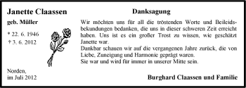 Traueranzeige von Janette Claassen von Ostfriesischer Kurier