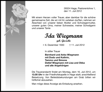 Traueranzeige von Ida Wiegmann von Ostfriesischer Kurier