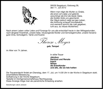 Traueranzeige von Therese Meyer von Ostfriesischer Kurier