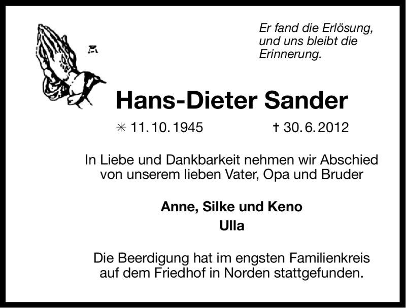  Traueranzeige für Hans-Dieter Sander vom 14.07.2012 aus Ostfriesischer Kurier
