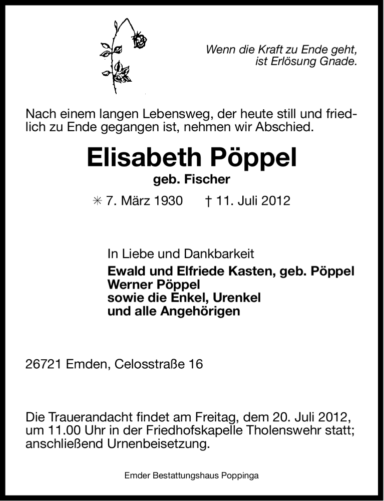  Traueranzeige für Elisabeth Pöppel vom 14.07.2012 aus Ostfriesischer Kurier