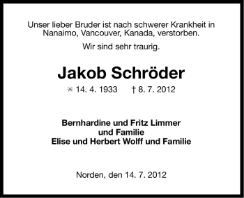 Traueranzeige von Jakob Schröder von Ostfriesischer Kurier