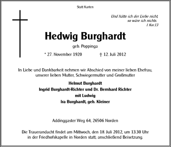 Traueranzeige von Hedwig Burghardt von Ostfriesischer Kurier