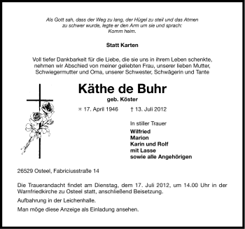 Traueranzeige von Käthe de Buhr von Ostfriesischer Kurier