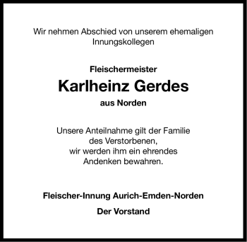 Traueranzeige von Karlheinz Gerdes von Ostfriesischer Kurier