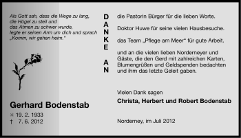 Traueranzeige von Gerhard Bodenstab von Ostfriesischer Kurier