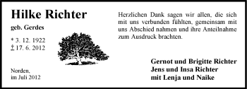 Traueranzeige von Hilke Richter von Ostfriesischer Kurier