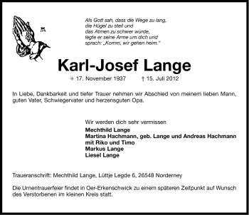 Traueranzeige von Karl-Josef Lange von Ostfriesischer Kurier