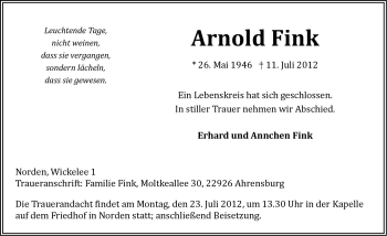 Traueranzeige von Arnold Fink von Ostfriesischer Kurier
