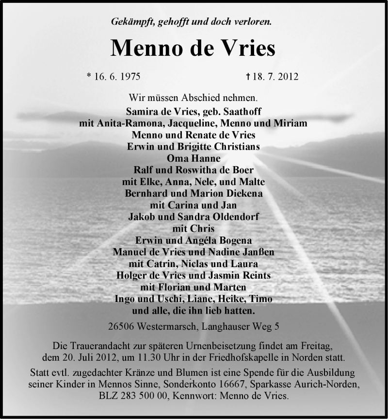  Traueranzeige für Menno de Vries vom 19.07.2012 aus Ostfriesischer Kurier