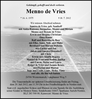 Traueranzeige von Menno de Vries von Ostfriesischer Kurier