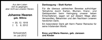 Traueranzeige von Johanne Heeren von Ostfriesischer Kurier