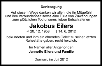 Traueranzeige von Jakobus Eilers von Ostfriesischer Kurier