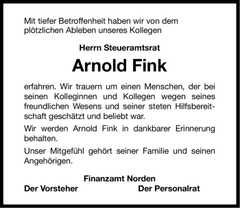 Traueranzeige von Arnold Fink von Ostfriesischer Kurier
