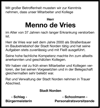 Traueranzeige von Menno de Vries von Ostfriesischer Kurier
