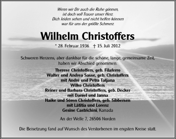 Traueranzeige von Wilhelm Christoffers von Ostfriesischer Kurier
