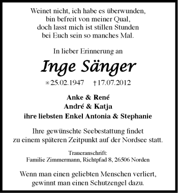 Traueranzeige von Inge Sänger von Ostfriesischer Kurier
