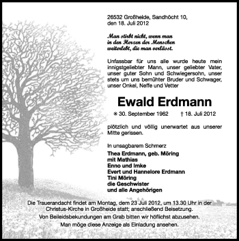 Traueranzeige von Ewald Erdmann von Ostfriesischer Kurier