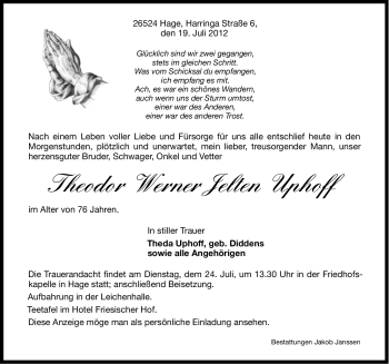 Traueranzeige von Theodor Werner Jelten Uphoff von Ostfriesischer Kurier