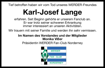 Traueranzeige von Karl-Josef Lange von Ostfriesischer Kurier