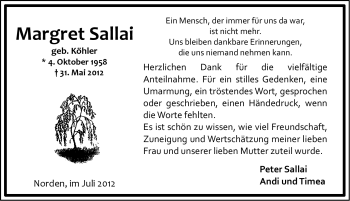 Traueranzeige von Margret Sallai von Ostfriesischer Kurier