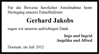 Traueranzeige von Gerhard Jakobs von Ostfriesischer Kurier