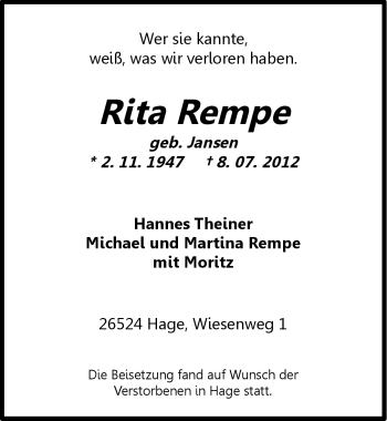 Traueranzeige von Rita Rempe von Ostfriesischer Kurier