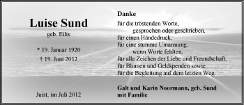 Traueranzeige von Luise Sund von Ostfriesischer Kurier