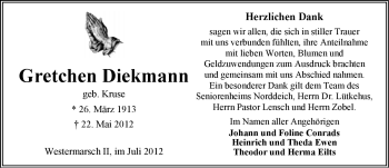 Traueranzeige von Gretchen Diekmann von Ostfriesischer Kurier