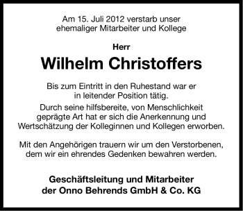 Traueranzeige von Wilhelm Christoffers von Ostfriesischer Kurier