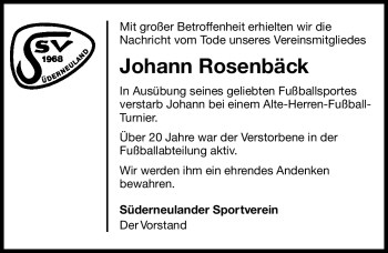 Traueranzeige von Johann Rosenbäck von Ostfriesischer Kurier