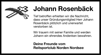 Traueranzeige von Johann Rosenbäck von Ostfriesischer Kurier