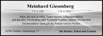 Traueranzeige von Meinhard Giesenberg von Ostfriesischer Kurier