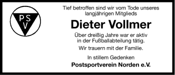 Traueranzeige von Dieter Vollmer von Ostfriesischer Kurier