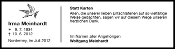 Traueranzeige von Irma Meinhardt von Ostfriesischer Kurier
